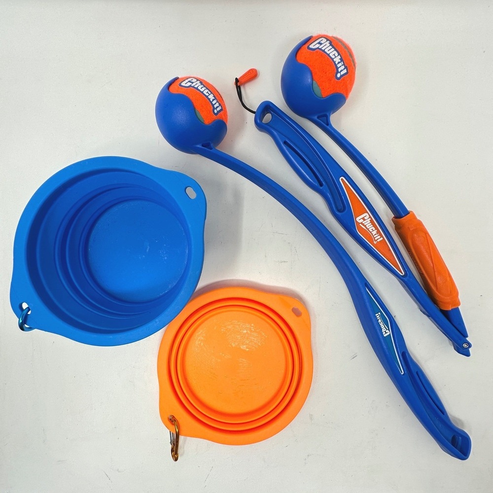 Chuckit! Dog Ball Launcher Set with Collapsible Travel Bowls Blue Orange 4pc